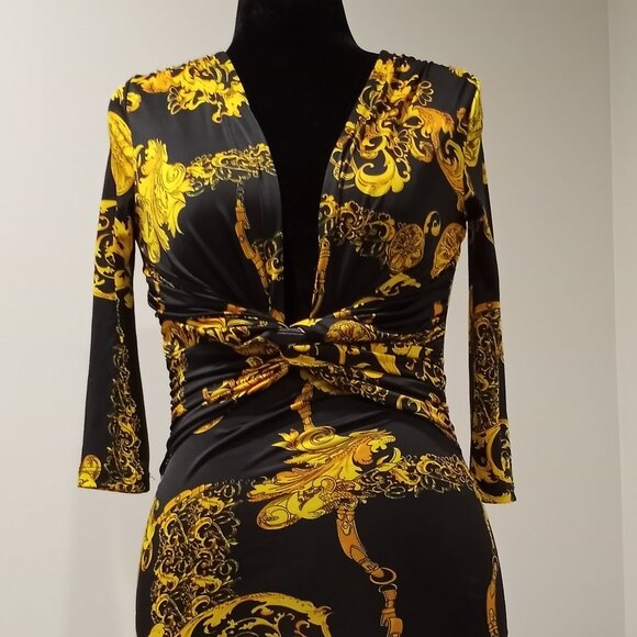 VIJO COUTURE BLACK GOLD CHAIN BAROQUE DRESS WITH PLUNGING NECK LINE SIZE M - Picture 1 of 9